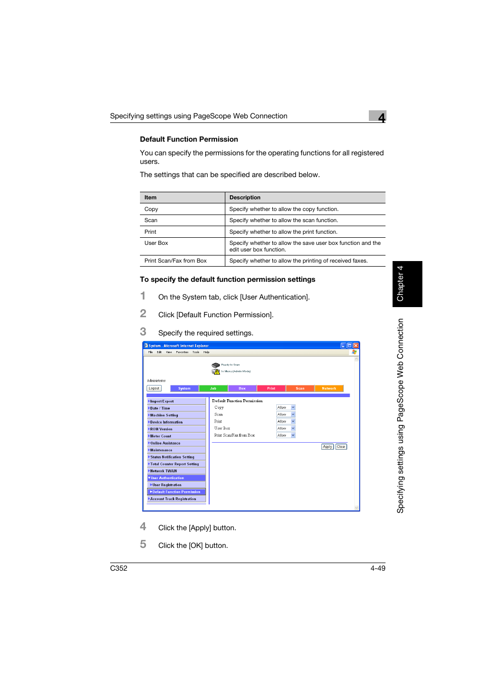 Default function permission | Konica Minolta bizhub C352 User Manual | Page 306 / 392