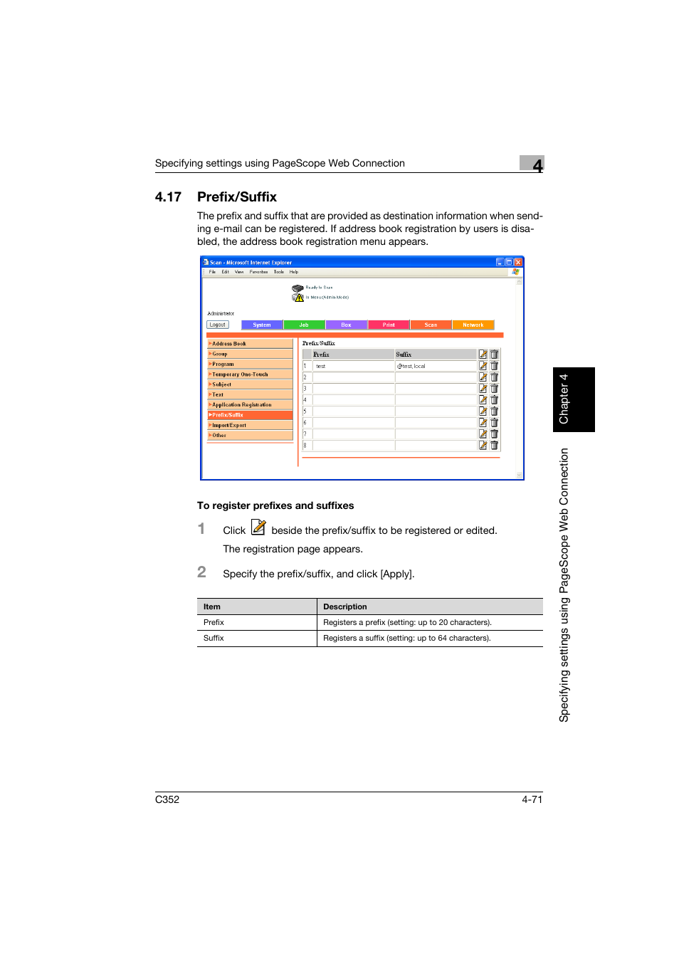 17 prefix/suffix, To register prefixes and suffixes, Prefix/suffix -71 | To register prefixes and suffixes -71 | Konica Minolta bizhub C352 User Manual | Page 328 / 392