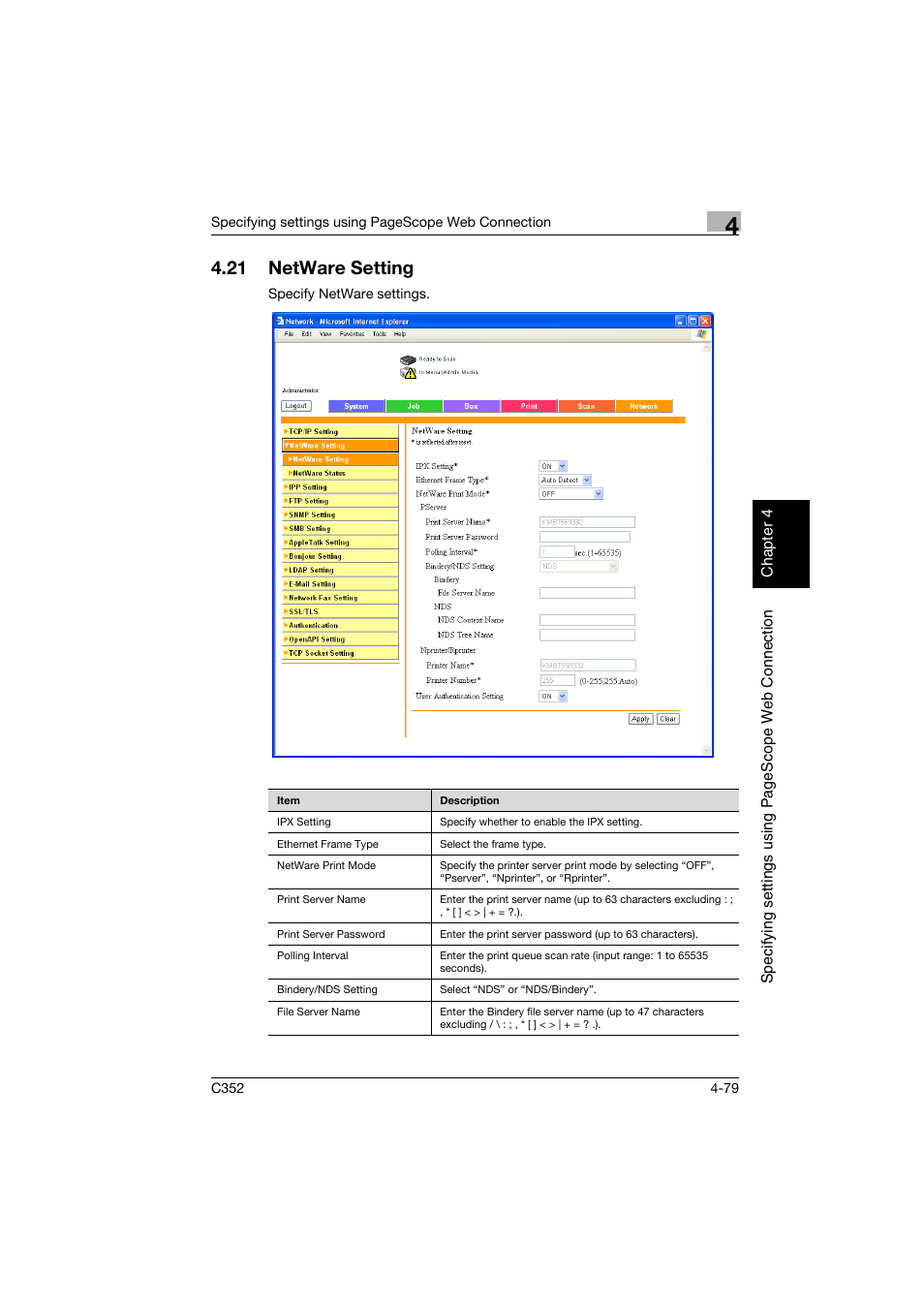 21 netware setting, Netware setting -79 | Konica Minolta bizhub C352 User Manual | Page 336 / 392