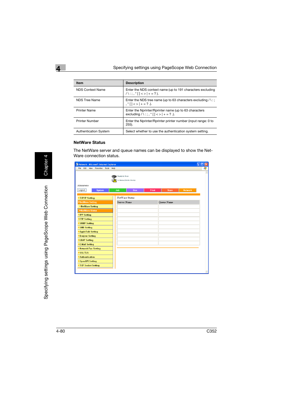 Netware status, Netware status -80 | Konica Minolta bizhub C352 User Manual | Page 337 / 392