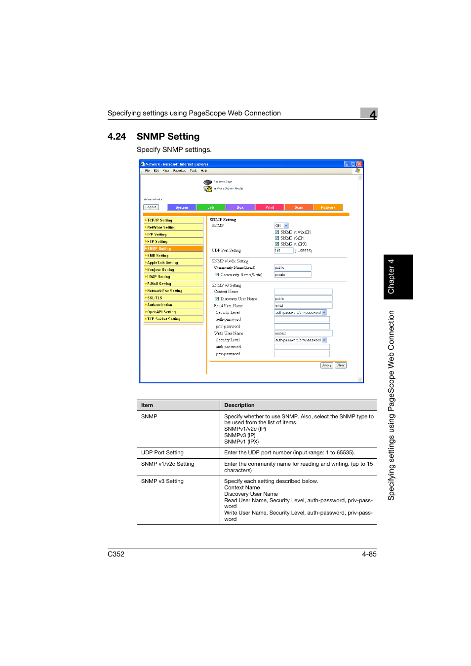 24 snmp setting, Snmp setting -85 | Konica Minolta bizhub C352 User Manual | Page 342 / 392