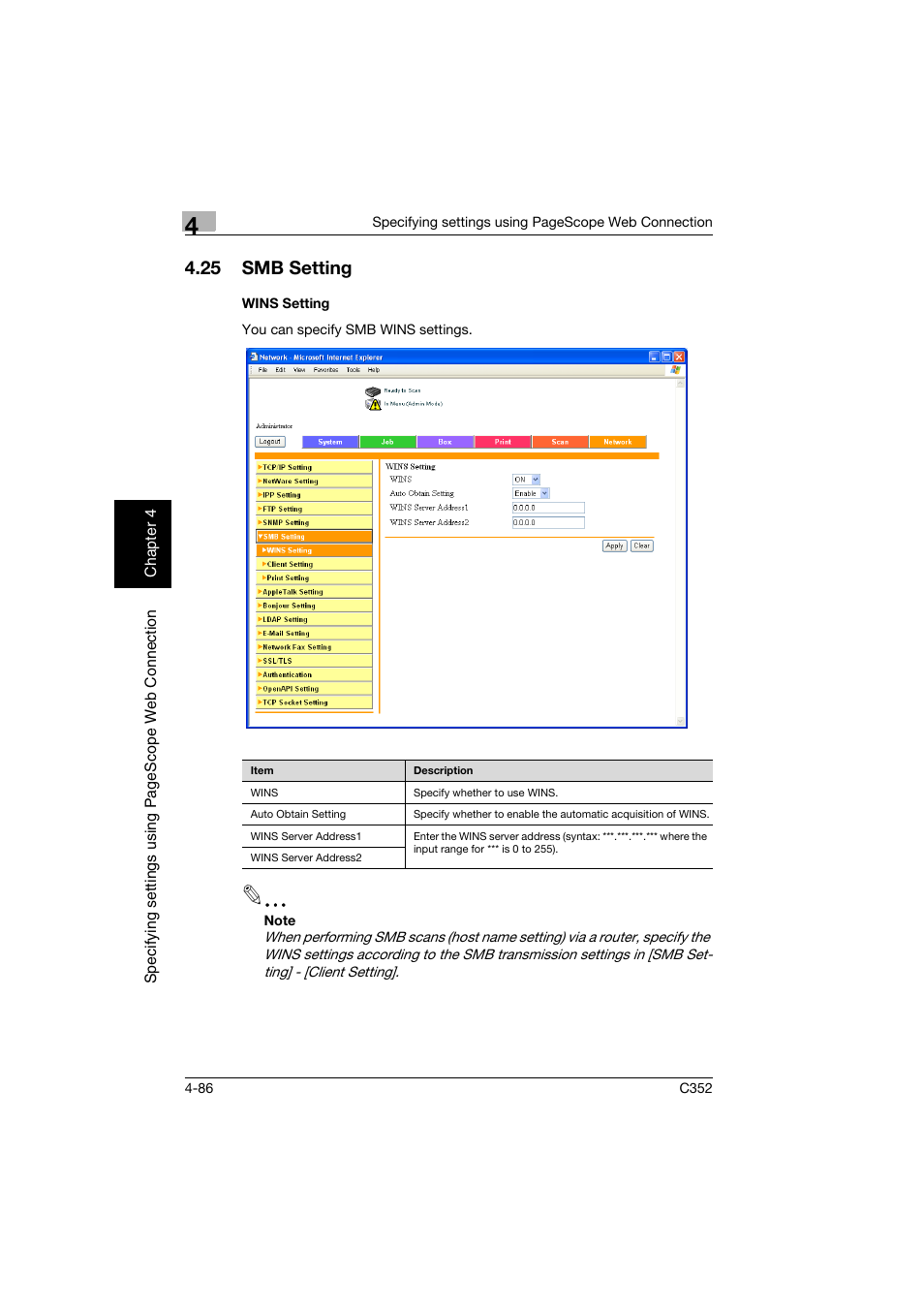 25 smb setting, Wins setting, Smb setting -86 | Wins setting -86 | Konica Minolta bizhub C352 User Manual | Page 343 / 392