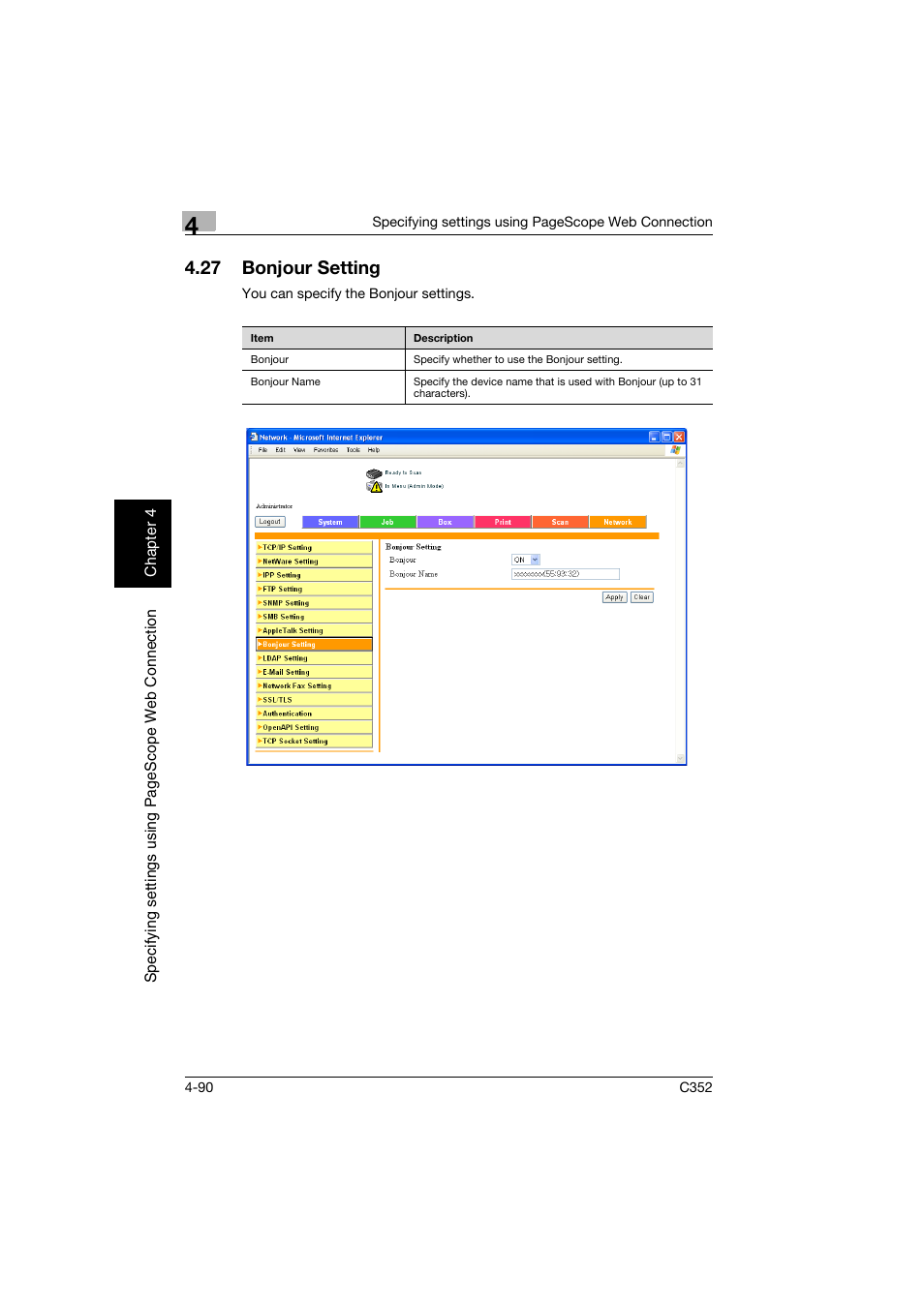 27 bonjour setting, Bonjour setting -90 | Konica Minolta bizhub C352 User Manual | Page 347 / 392
