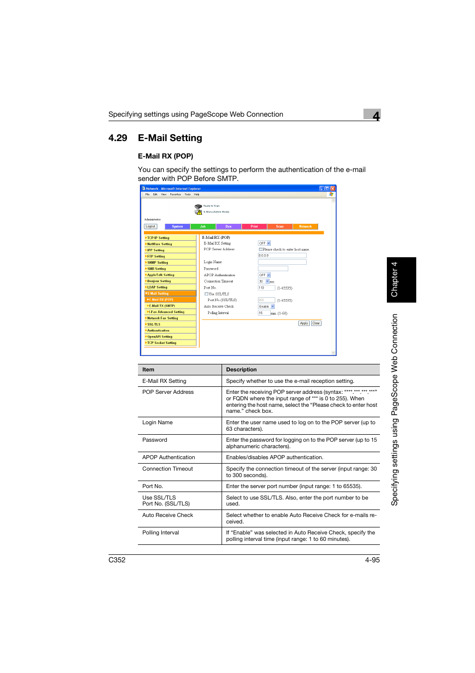 29 e-mail setting, E-mail rx (pop), E-mail setting -95 | E-mail rx (pop) -95 | Konica Minolta bizhub C352 User Manual | Page 352 / 392