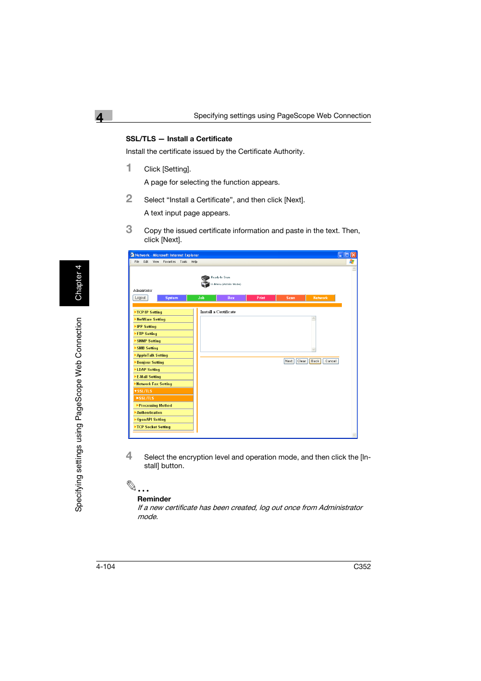 Ssl/tls - install a certificate, Ssl/tls — install a certificate -104 | Konica Minolta bizhub C352 User Manual | Page 361 / 392