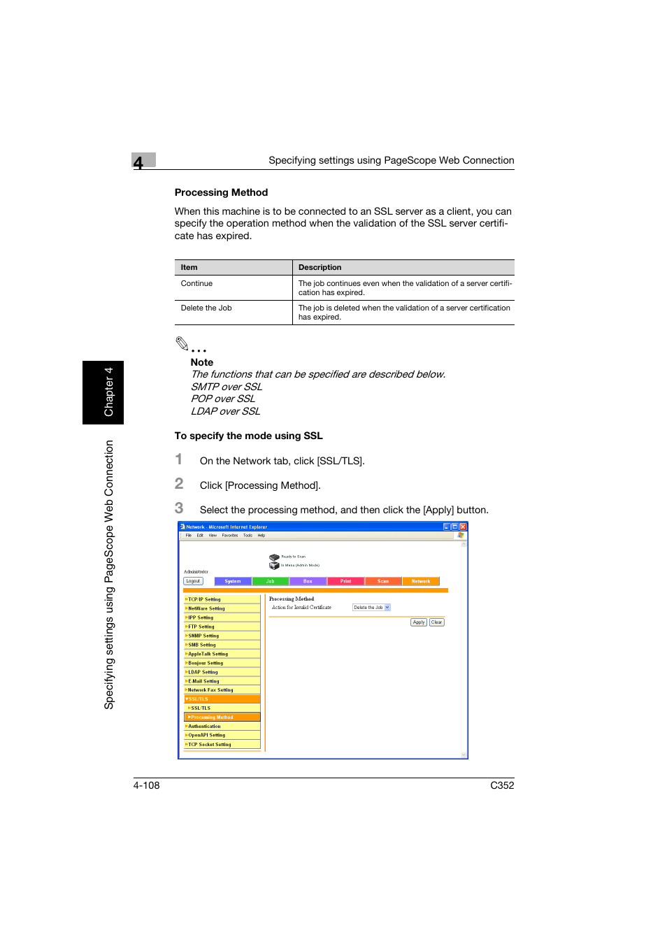 Processing method, To specify the mode using ssl | Konica Minolta bizhub C352 User Manual | Page 365 / 392