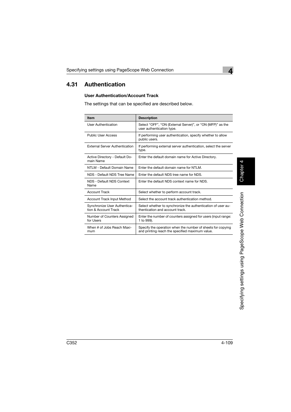 31 authentication, User authentication/account track, Authentication -109 | User authentication/account track -109 | Konica Minolta bizhub C352 User Manual | Page 366 / 392