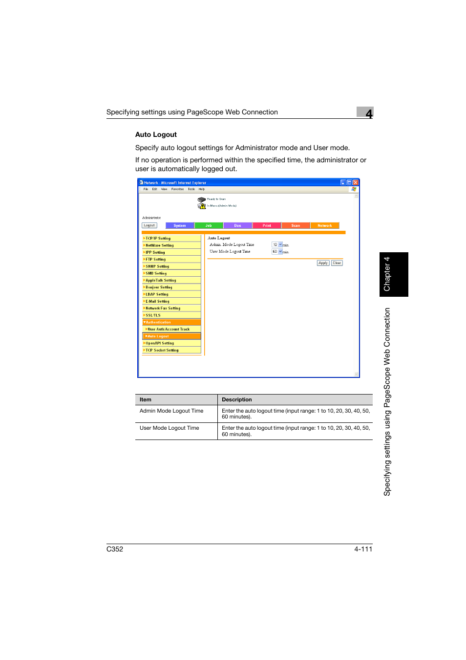 Auto logout, Auto logout -111 | Konica Minolta bizhub C352 User Manual | Page 368 / 392