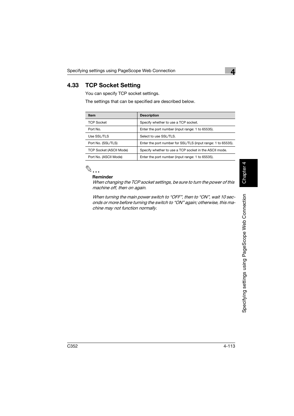 33 tcp socket setting, Tcp socket setting -113 | Konica Minolta bizhub C352 User Manual | Page 370 / 392