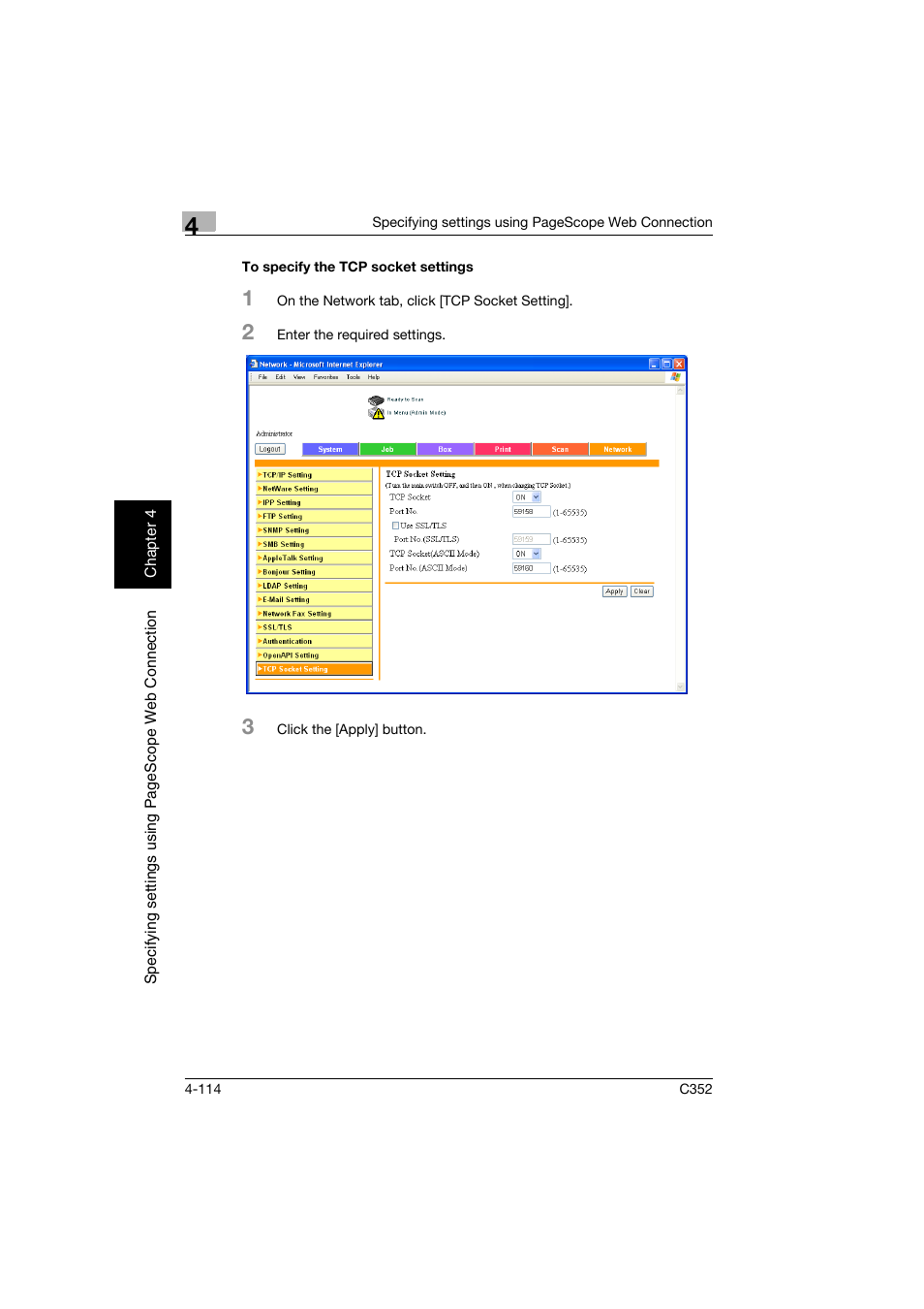 To specify the tcp socket settings, To specify the tcp socket settings -114 | Konica Minolta bizhub C352 User Manual | Page 371 / 392