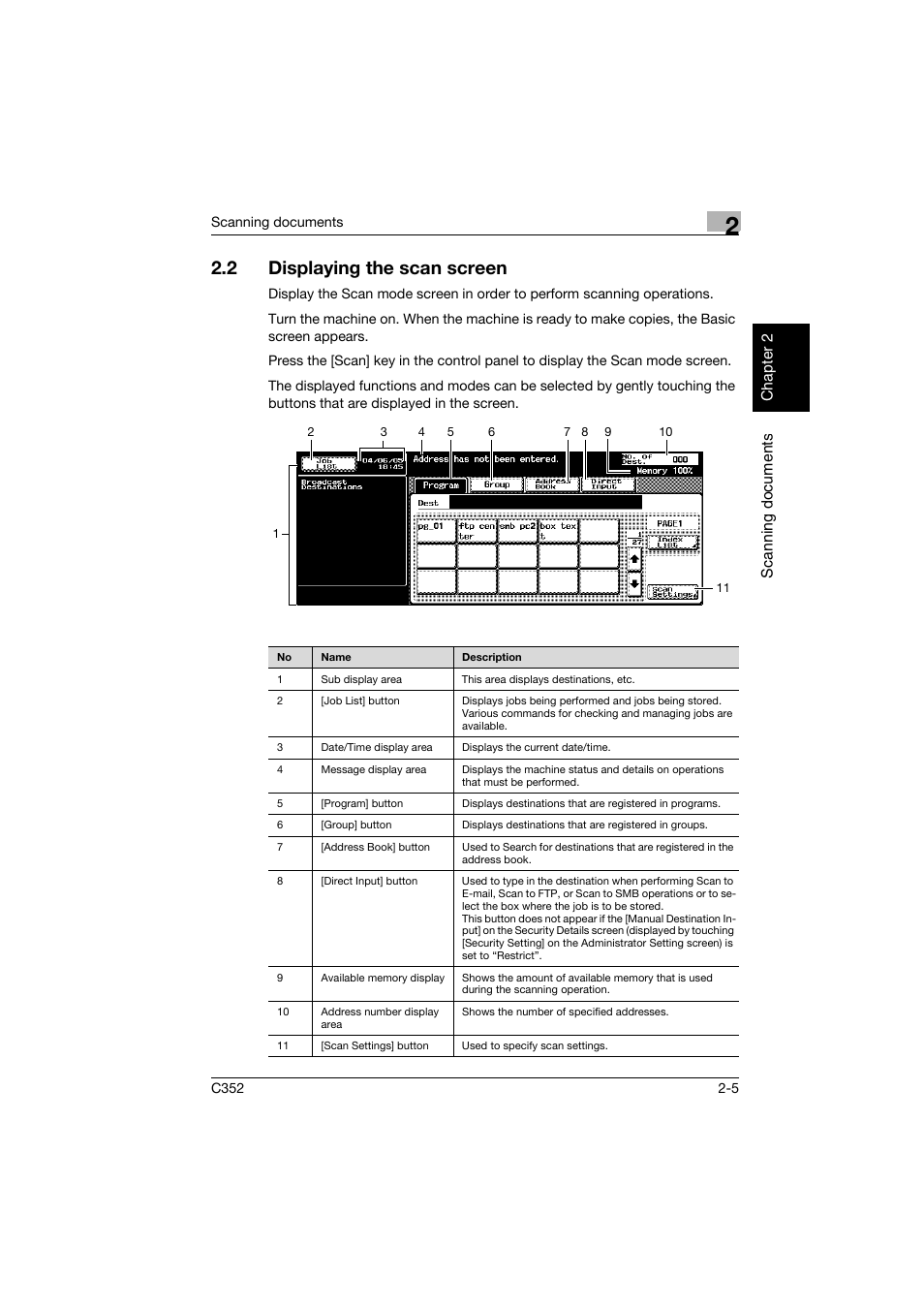 2 displaying the scan screen, Displaying the scan screen -5 | Konica Minolta bizhub C352 User Manual | Page 38 / 392