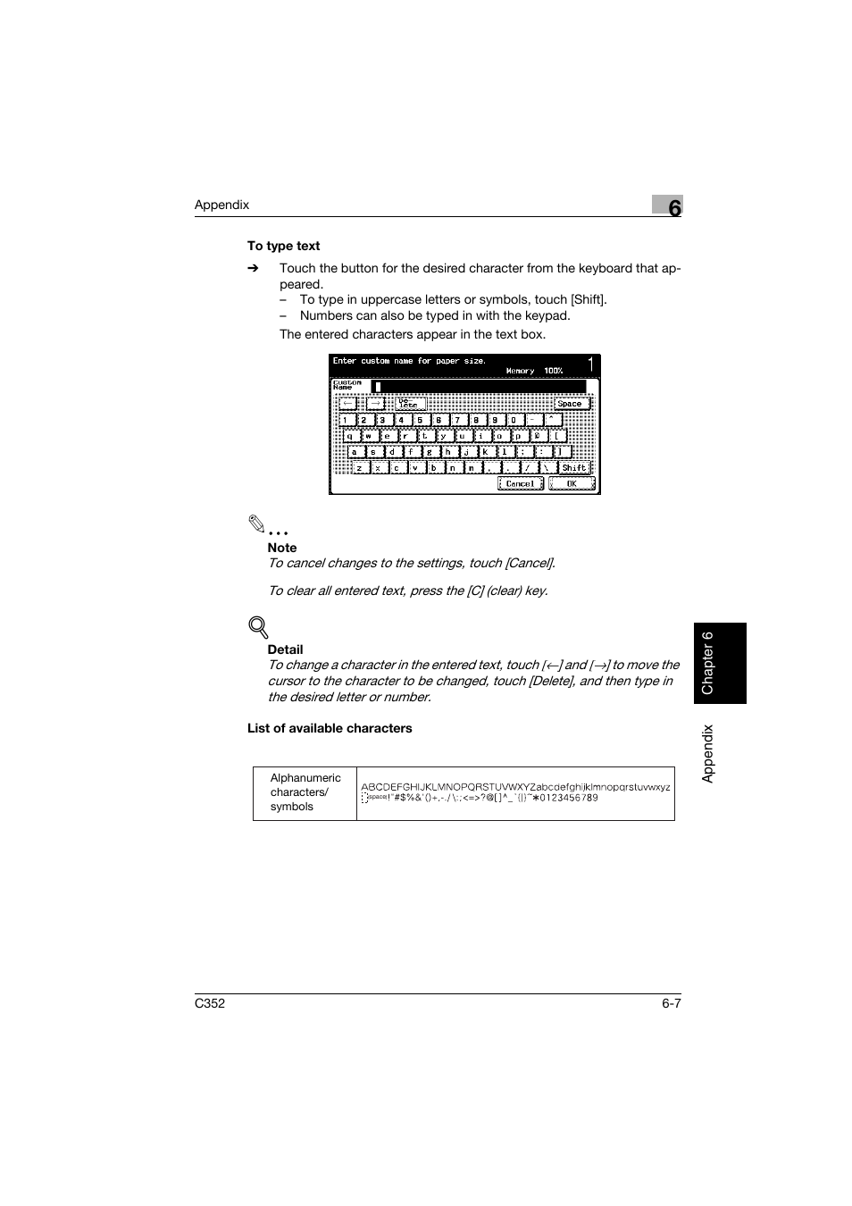 To type text, List of available characters, To type text -7 list of available characters -7 | Konica Minolta bizhub C352 User Manual | Page 380 / 392