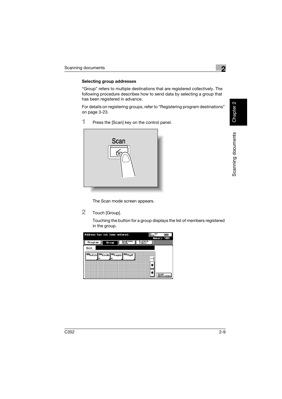 Selecting group addresses, Selecting group addresses -9, Scan | Konica Minolta bizhub C352 User Manual | Page 42 / 392