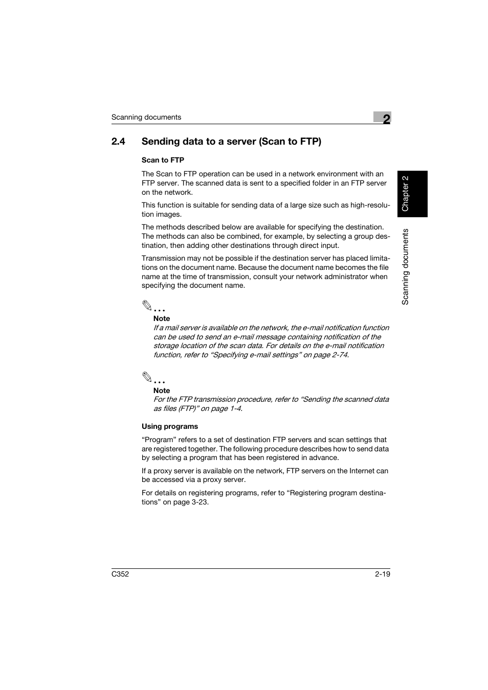 4 sending data to a server (scan to ftp), Scan to ftp, Using programs | Sending data to a server (scan to ftp) -19, Scan to ftp -19 using programs -19 | Konica Minolta bizhub C352 User Manual | Page 52 / 392