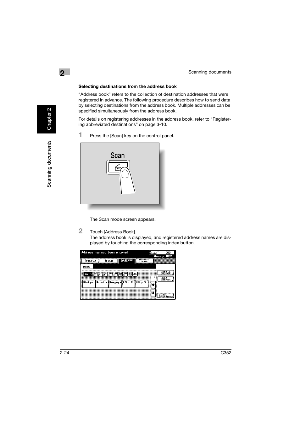 Selecting destinations from the address book, Selecting destinations from the address book -24, Scan | Konica Minolta bizhub C352 User Manual | Page 57 / 392