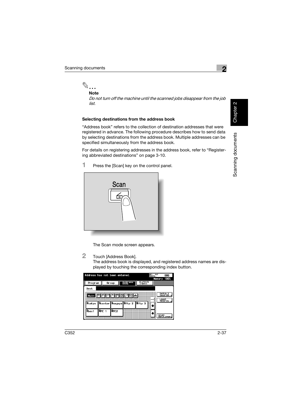 Selecting destinations from the address book, Selecting destinations from the address book -37, Scan | Konica Minolta bizhub C352 User Manual | Page 70 / 392