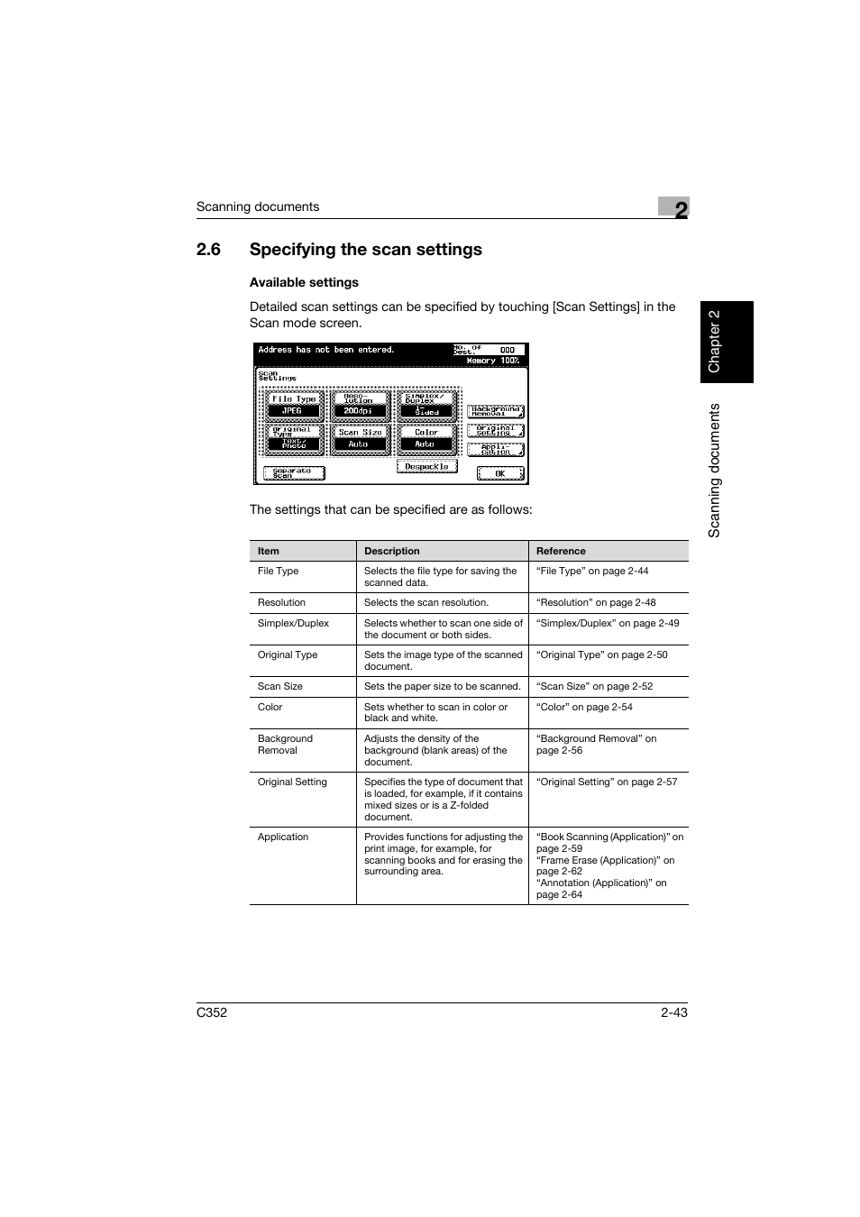 6 specifying the scan settings, Available settings, Specifying the scan settings -43 | Available settings -43 | Konica Minolta bizhub C352 User Manual | Page 76 / 392