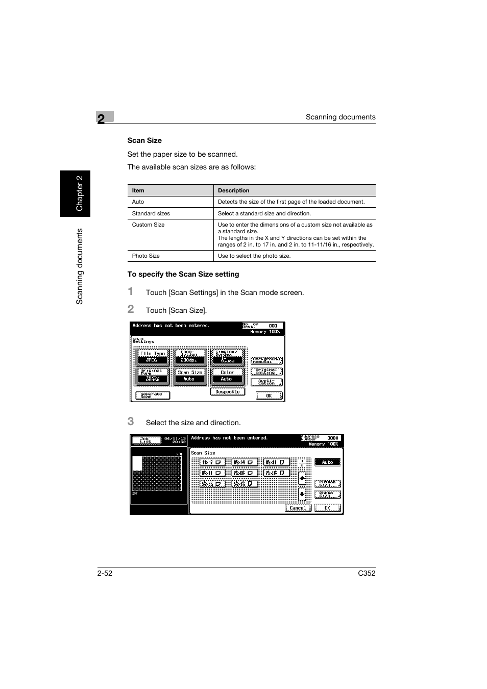 Scan size, To specify the scan size setting, Scan size -52 to specify the scan size setting -52 | Konica Minolta bizhub C352 User Manual | Page 85 / 392