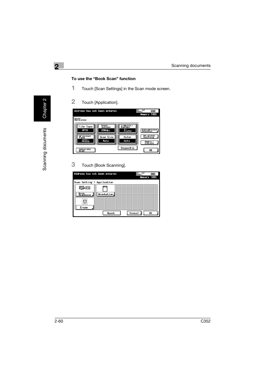 To use the “book scan” function, To use the “book scan” function -60 | Konica Minolta bizhub C352 User Manual | Page 93 / 392