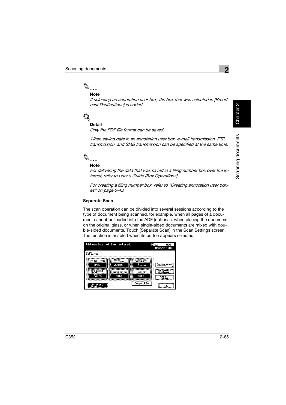 Separate scan, Separate scan -65 | Konica Minolta bizhub C352 User Manual | Page 98 / 392