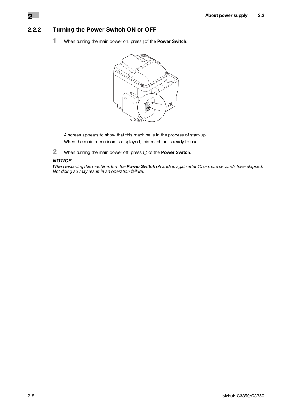 2 turning the power switch on or off, Turning the power switch on or off -8 | Konica Minolta bizhub C3850 User Manual | Page 17 / 65