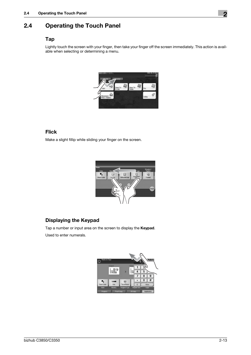 4 operating the touch panel, Flick, Displaying the keypad | Konica Minolta bizhub C3850 User Manual | Page 22 / 65