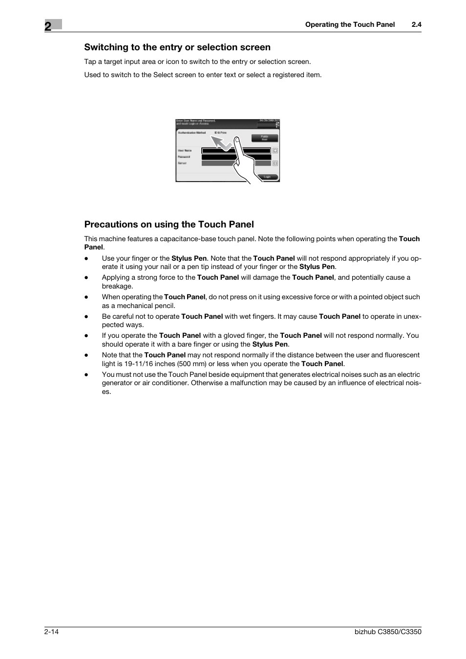 Switching to the entry or selection screen, Precautions on using the touch panel | Konica Minolta bizhub C3850 User Manual | Page 23 / 65