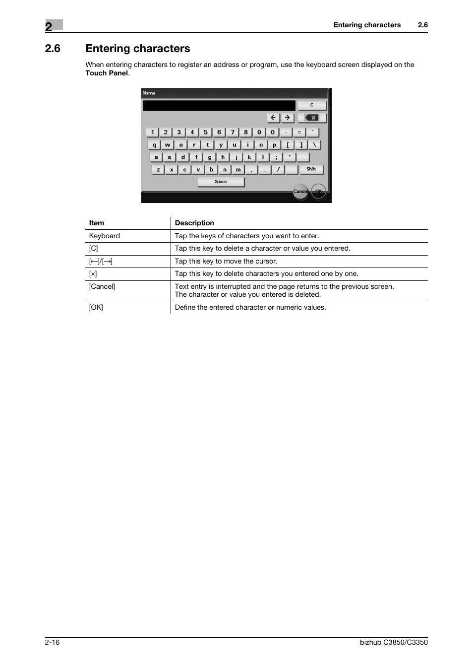 6 entering characters, Entering characters -16 | Konica Minolta bizhub C3850 User Manual | Page 25 / 65