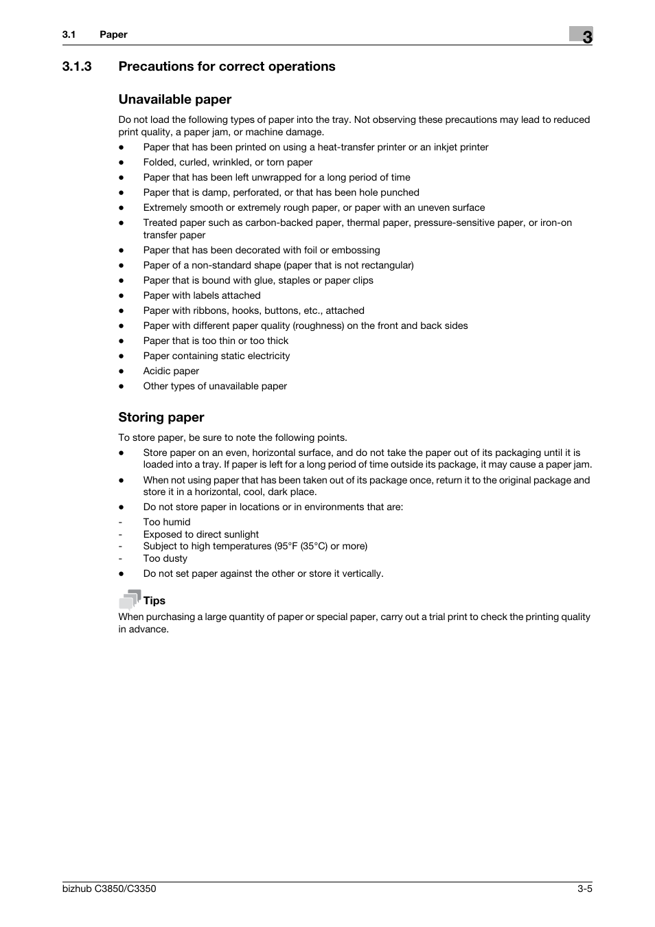 3 precautions for correct operations, Unavailable paper, Storing paper | Konica Minolta bizhub C3850 User Manual | Page 30 / 65
