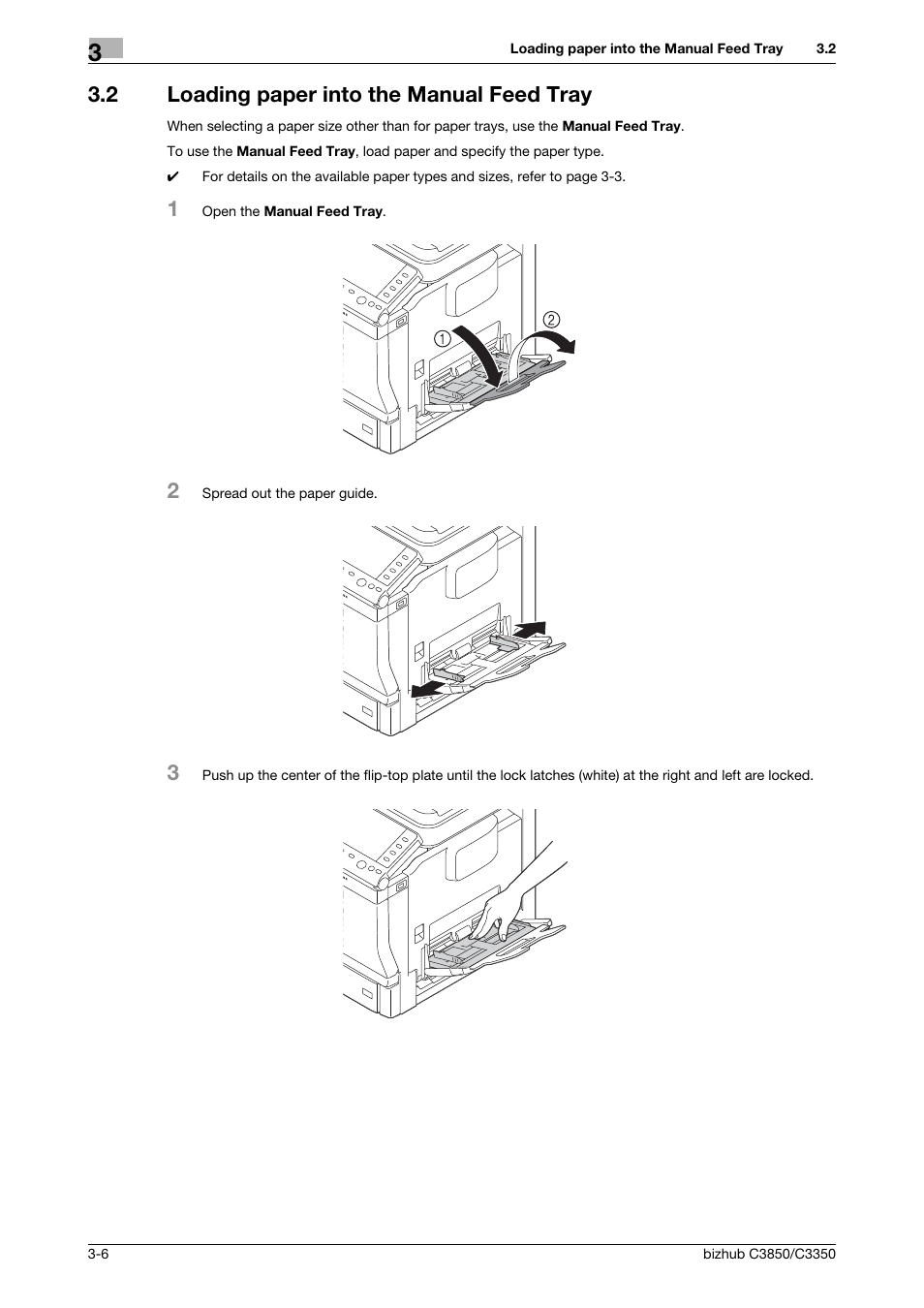 2 loading paper into the manual feed tray, Loading paper into the manual feed tray -6 | Konica Minolta bizhub C3850 User Manual | Page 31 / 65