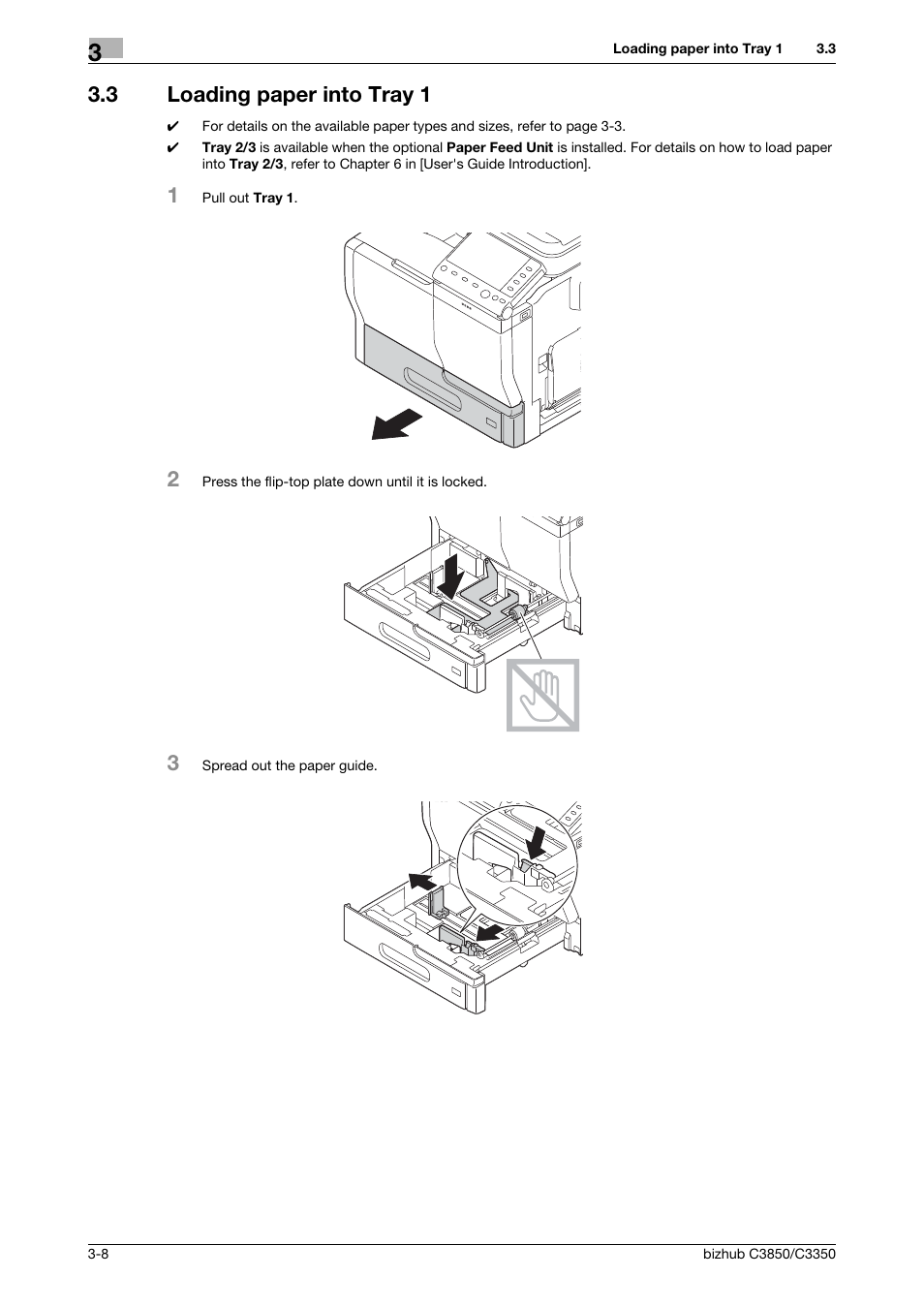 3 loading paper into tray 1, Loading paper into tray 1 -8 | Konica Minolta bizhub C3850 User Manual | Page 33 / 65