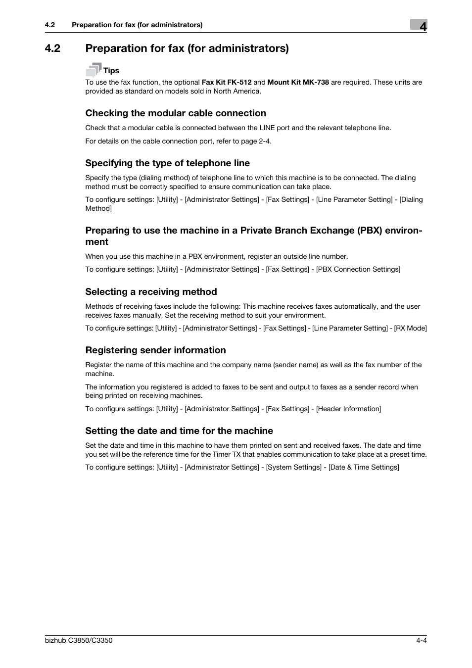 2 preparation for fax (for administrators), Checking the modular cable connection, Specifying the type of telephone line | Selecting a receiving method, Registering sender information, Setting the date and time for the machine | Konica Minolta bizhub C3850 User Manual | Page 38 / 65