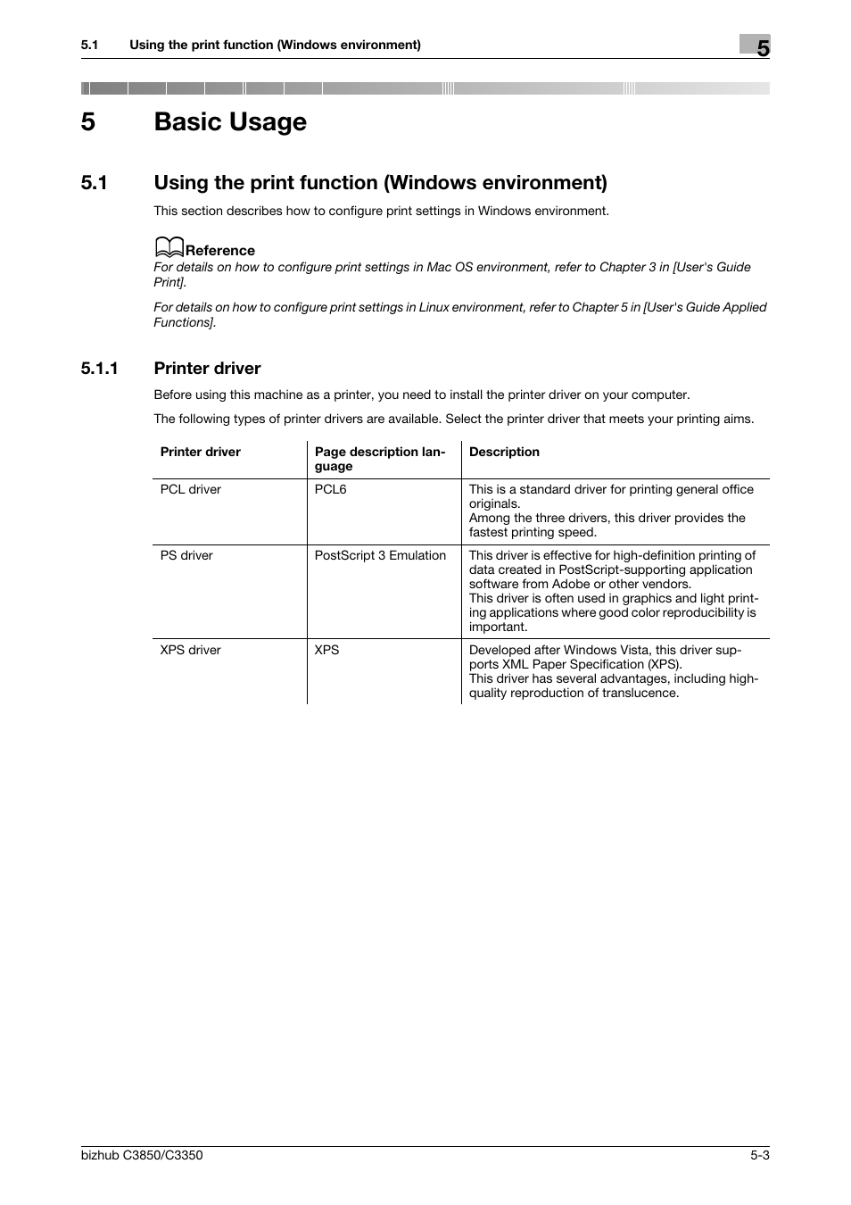 5 basic usage, 1 using the print function (windows environment), 1 printer driver | Basic usage, Using the print function (windows environment) -3, Printer driver -3, 5basic usage | Konica Minolta bizhub C3850 User Manual | Page 42 / 65