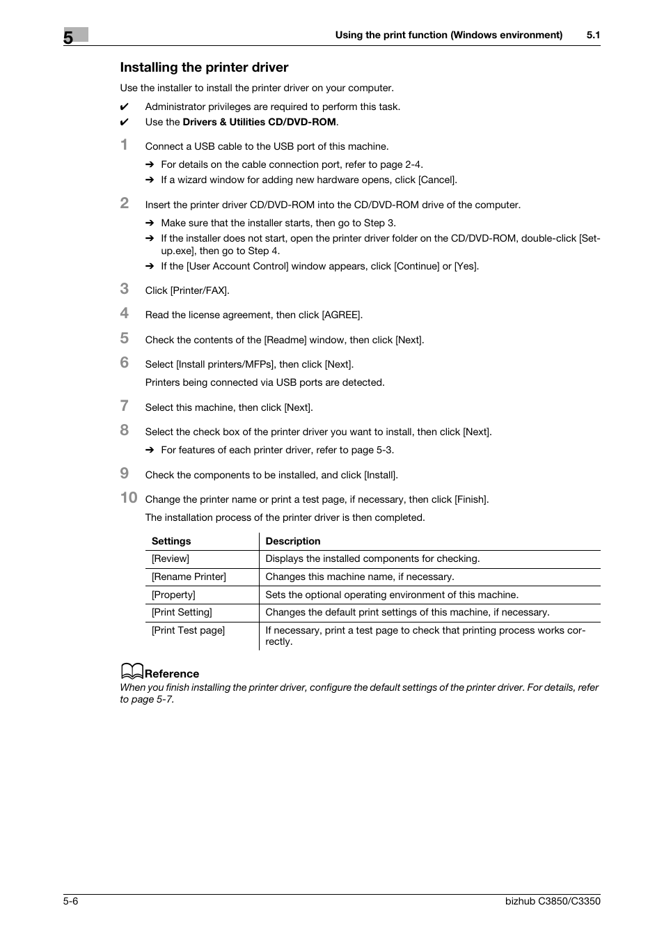 Installing the printer driver, Installing the printer driver -6 | Konica Minolta bizhub C3850 User Manual | Page 45 / 65