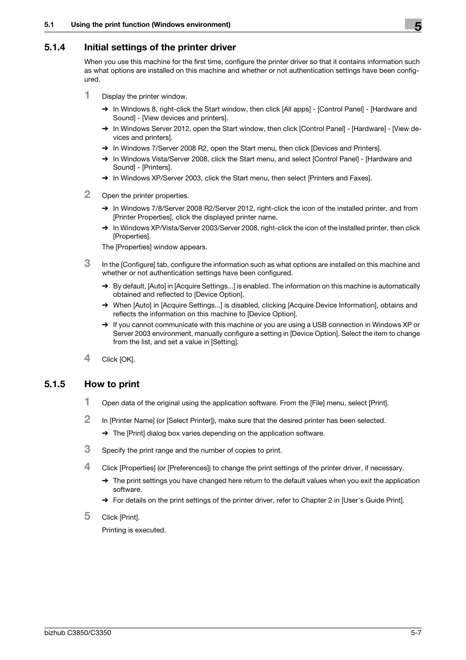 4 initial settings of the printer driver, 5 how to print, Initial settings of the printer driver -7 | How to print -7 | Konica Minolta bizhub C3850 User Manual | Page 46 / 65