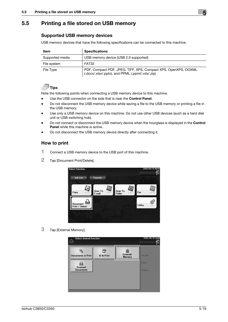 5 printing a file stored on usb memory, Supported usb memory devices, How to print | Konica Minolta bizhub C3850 User Manual | Page 58 / 65