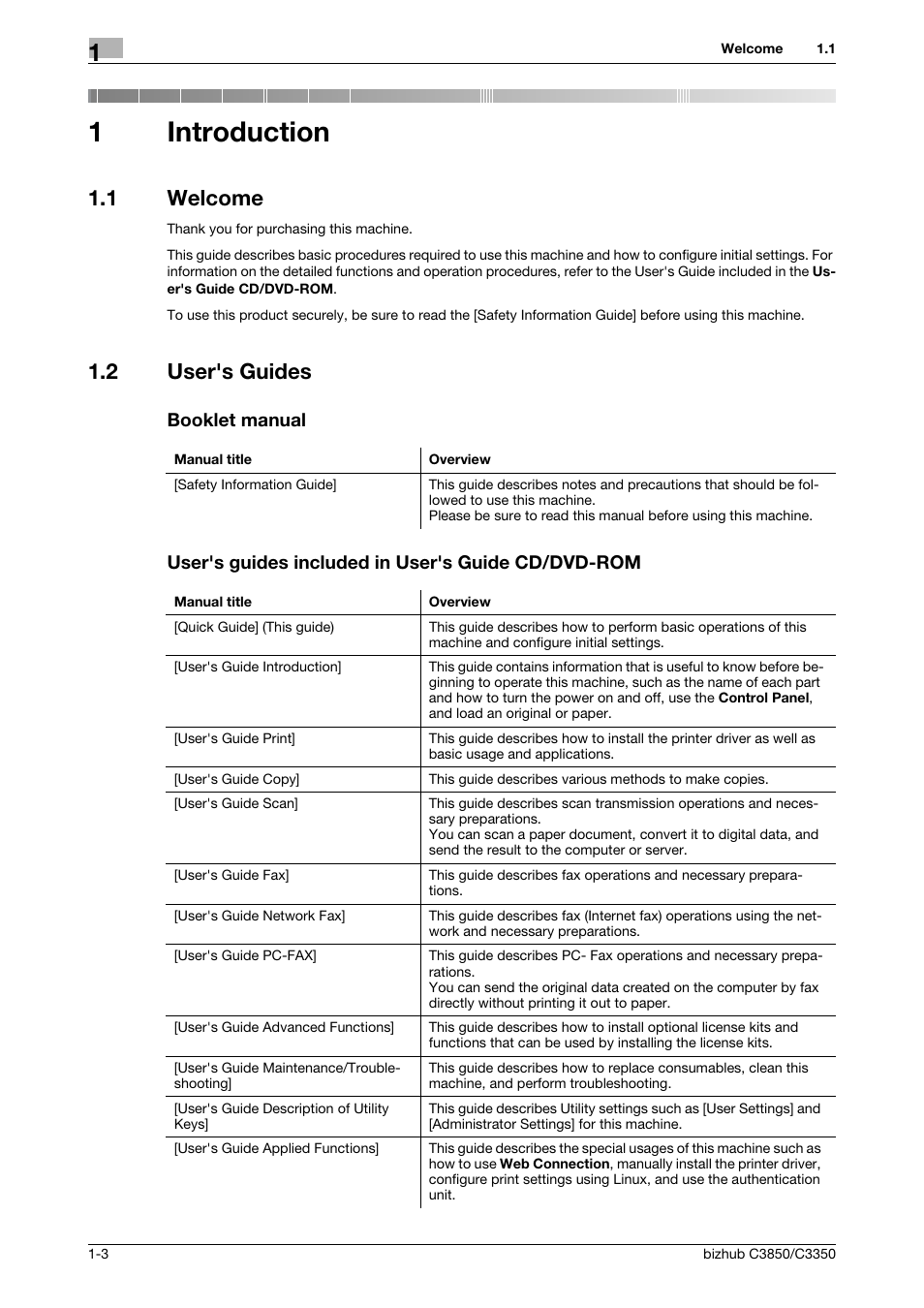 1 introduction, 1 welcome, 2 user's guides | Booklet manual, User's guides included in user's guide cd/dvd-rom, Introduction, Welcome -3, 1introduction | Konica Minolta bizhub C3850 User Manual | Page 7 / 65