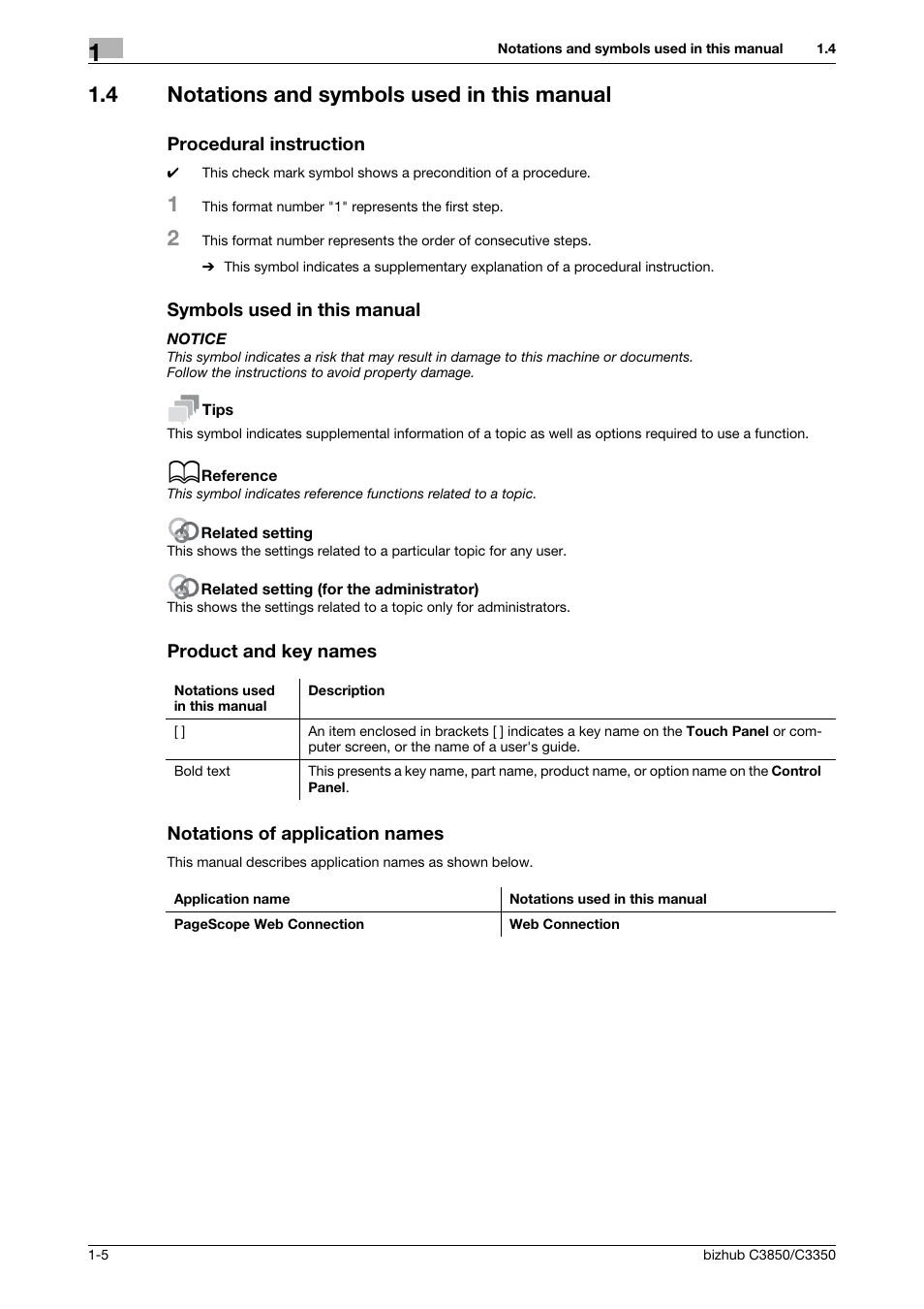 4 notations and symbols used in this manual, Procedural instruction, Symbols used in this manual | Product and key names, Notations of application names | Konica Minolta bizhub C3850 User Manual | Page 9 / 65