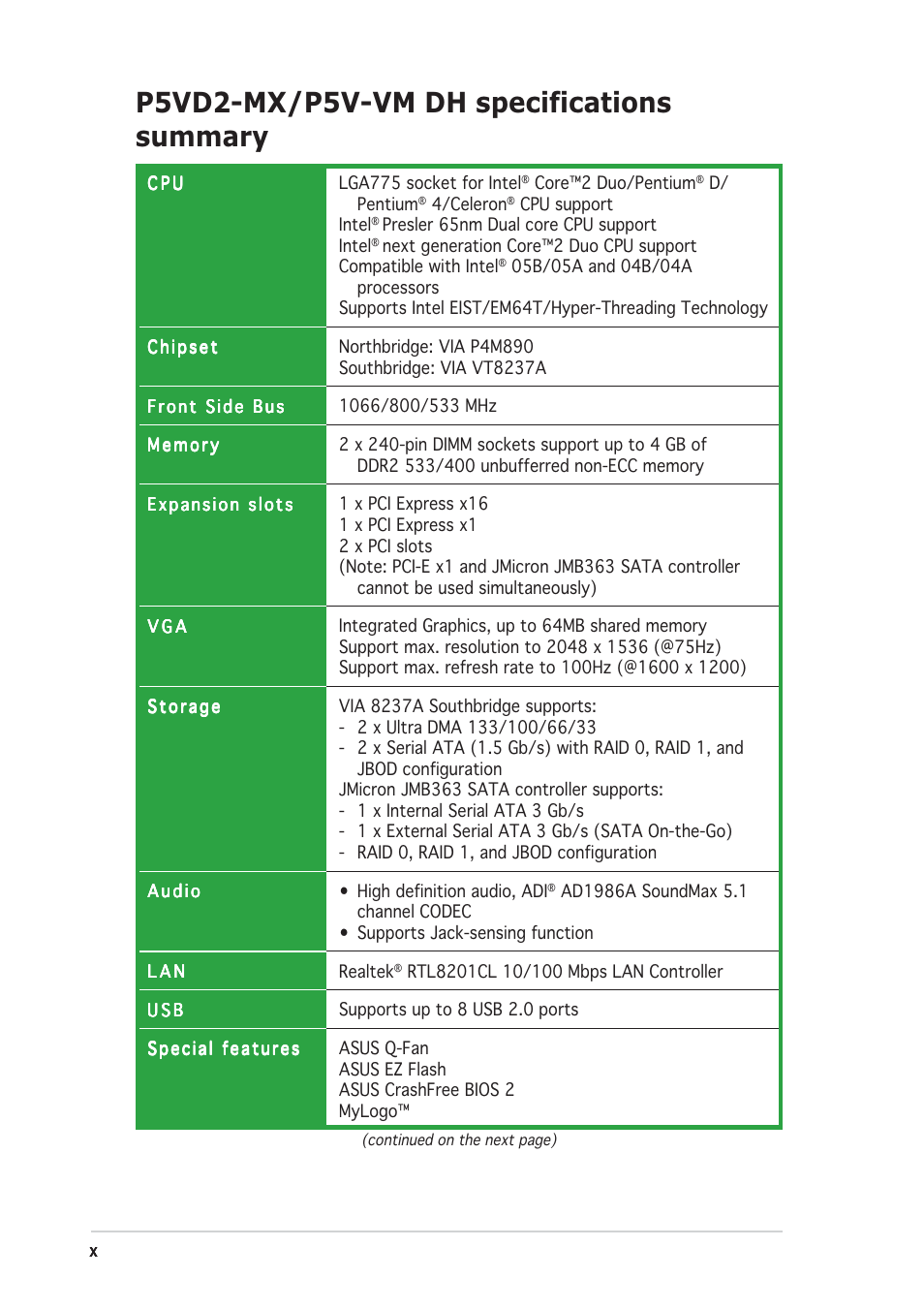 P5vd2-mx/p5v-vm dh specifications summary | Asus Motherboard P5VD2-MX User Manual | Page 10 / 108