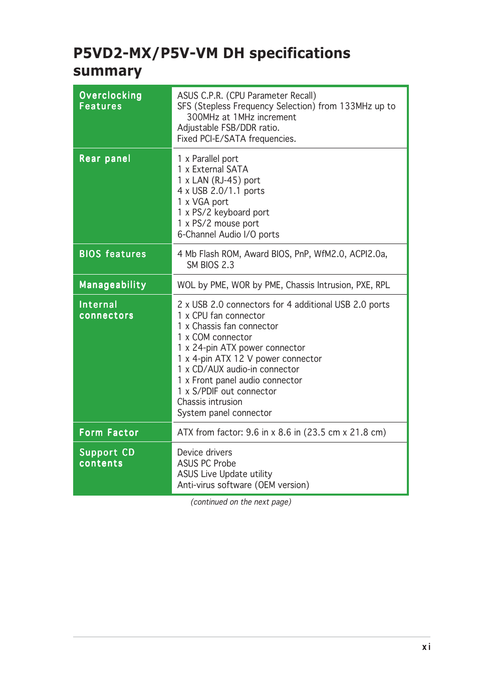 P5vd2-mx/p5v-vm dh specifications summary | Asus Motherboard P5VD2-MX User Manual | Page 11 / 108