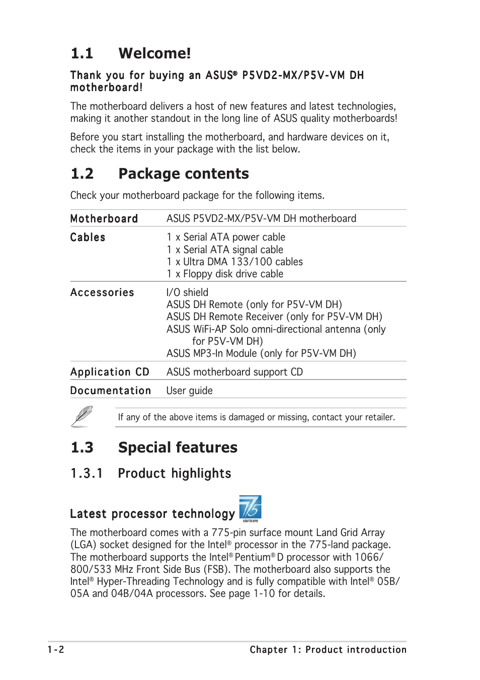 1 welcome, 2 package contents, 3 special features | Asus Motherboard P5VD2-MX User Manual | Page 14 / 108