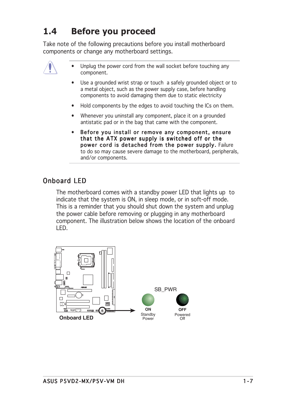 4 before you proceed, Onboard led | Asus Motherboard P5VD2-MX User Manual | Page 19 / 108