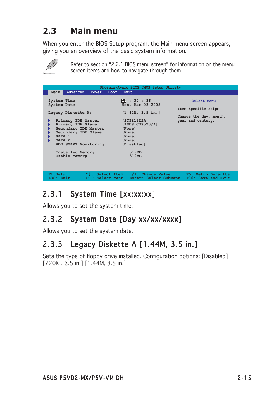 3 main menu | Asus Motherboard P5VD2-MX User Manual | Page 63 / 108