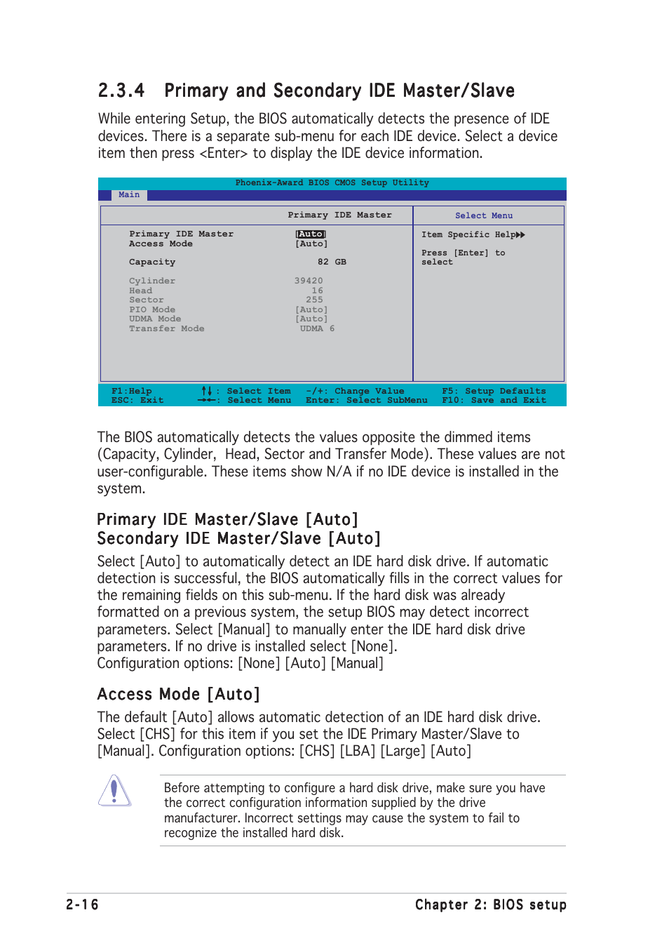 Primary ide master/slave [auto, Access mode [auto | Asus Motherboard P5VD2-MX User Manual | Page 64 / 108