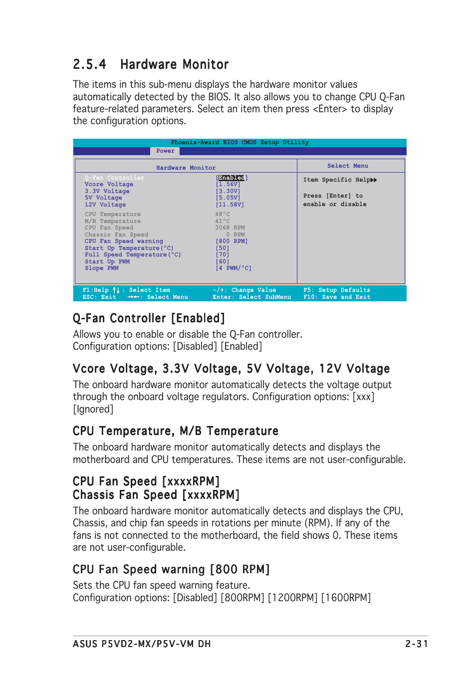 Q-fan controller [enabled, Cpu temperature, m/b temperature, Cpu fan speed warning [800 rpm | Asus Motherboard P5VD2-MX User Manual | Page 79 / 108