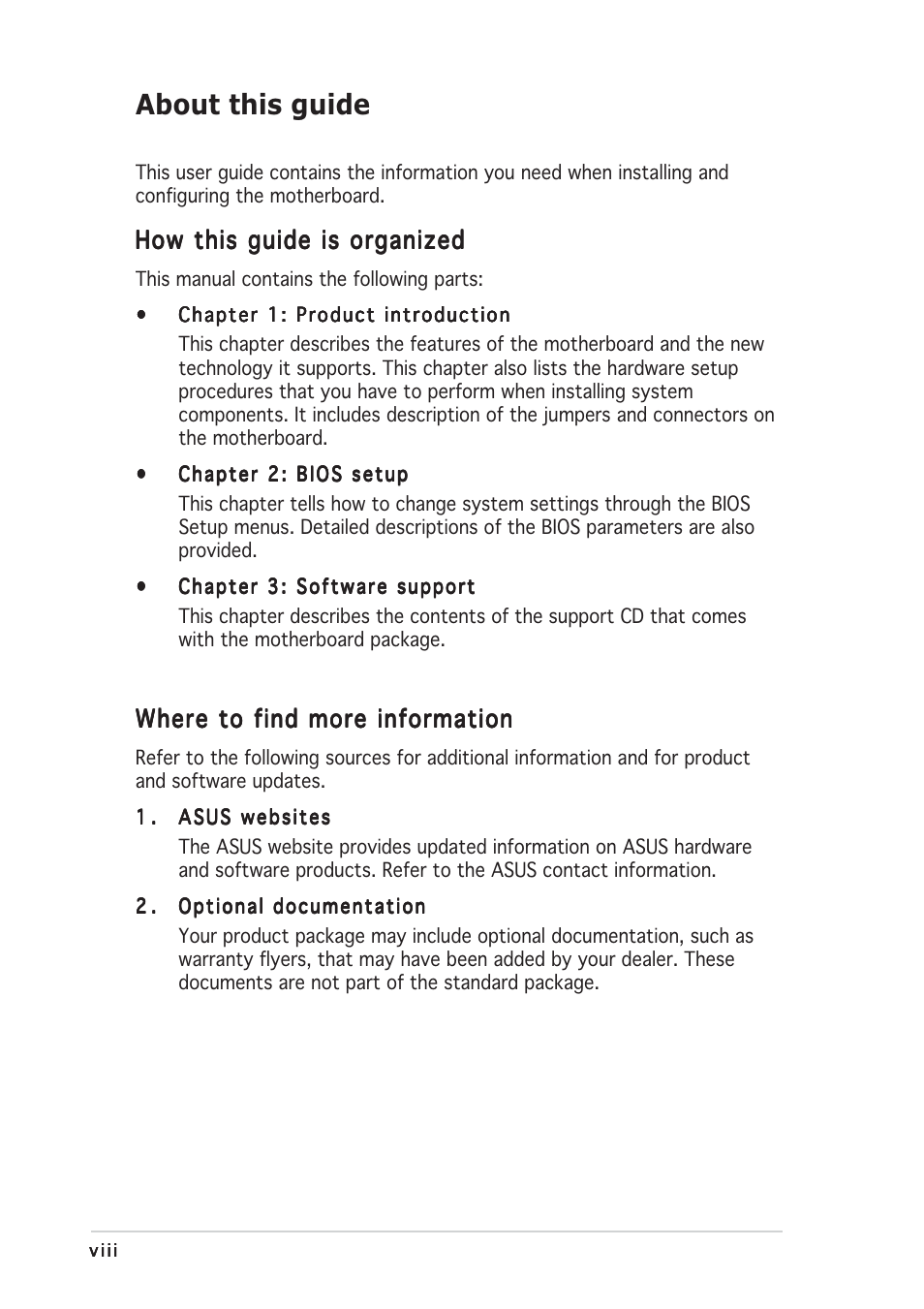 About this guide, How this guide is organized, Where to find more information | Asus Motherboard P5VD2-MX User Manual | Page 8 / 108