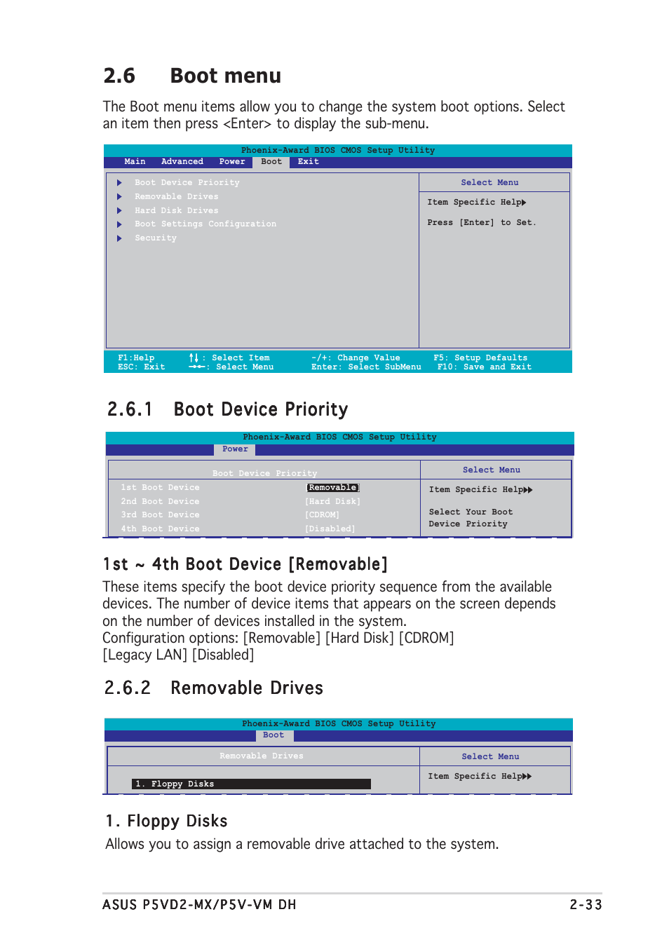 6 boot menu, 1st ~ 4th boot device [removable, Floppy disks | Asus Motherboard P5VD2-MX User Manual | Page 81 / 108