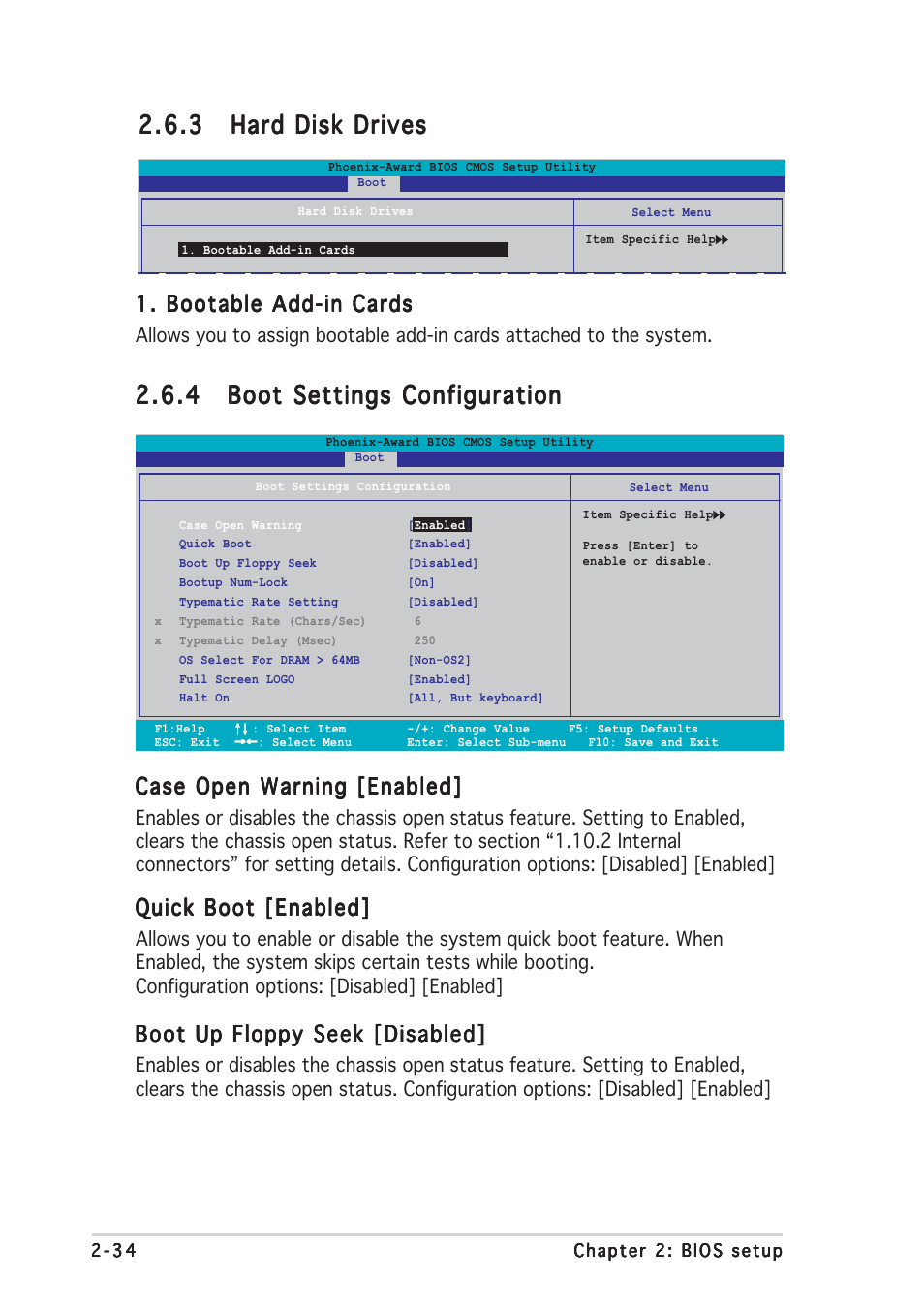 Case open warning [enabled, Quick boot [enabled, Boot up floppy seek [disabled | Bootable add-in cards | Asus Motherboard P5VD2-MX User Manual | Page 82 / 108