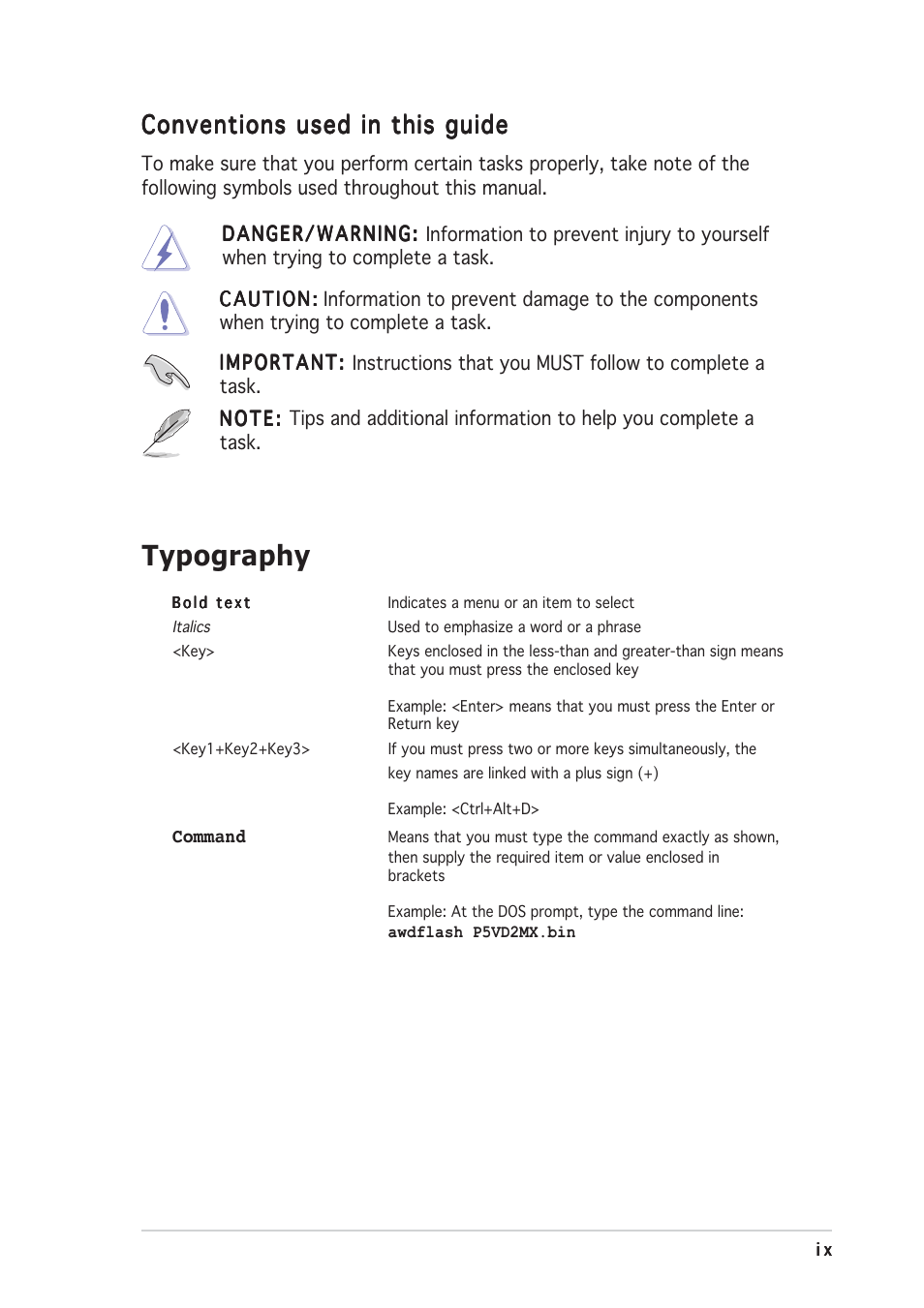 Typography, Conventions used in this guide | Asus Motherboard P5VD2-MX User Manual | Page 9 / 108