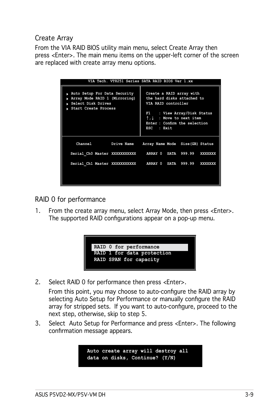 Create array, Raid 0 for performance | Asus Motherboard P5VD2-MX User Manual | Page 97 / 108